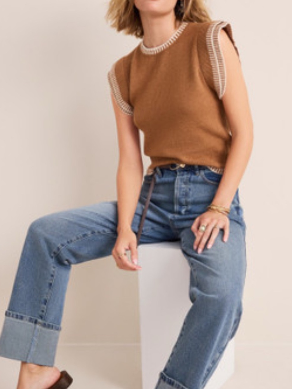 Sleeveless Knit Top in Camel with Cream Trim